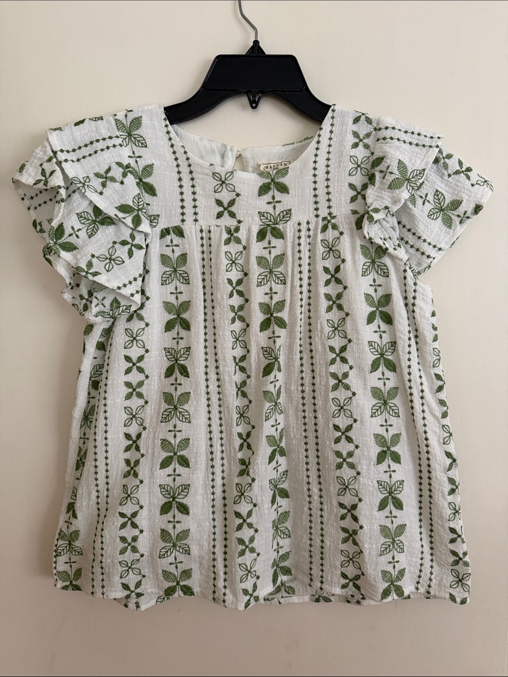 White and Green Floral Embroidered girls Top